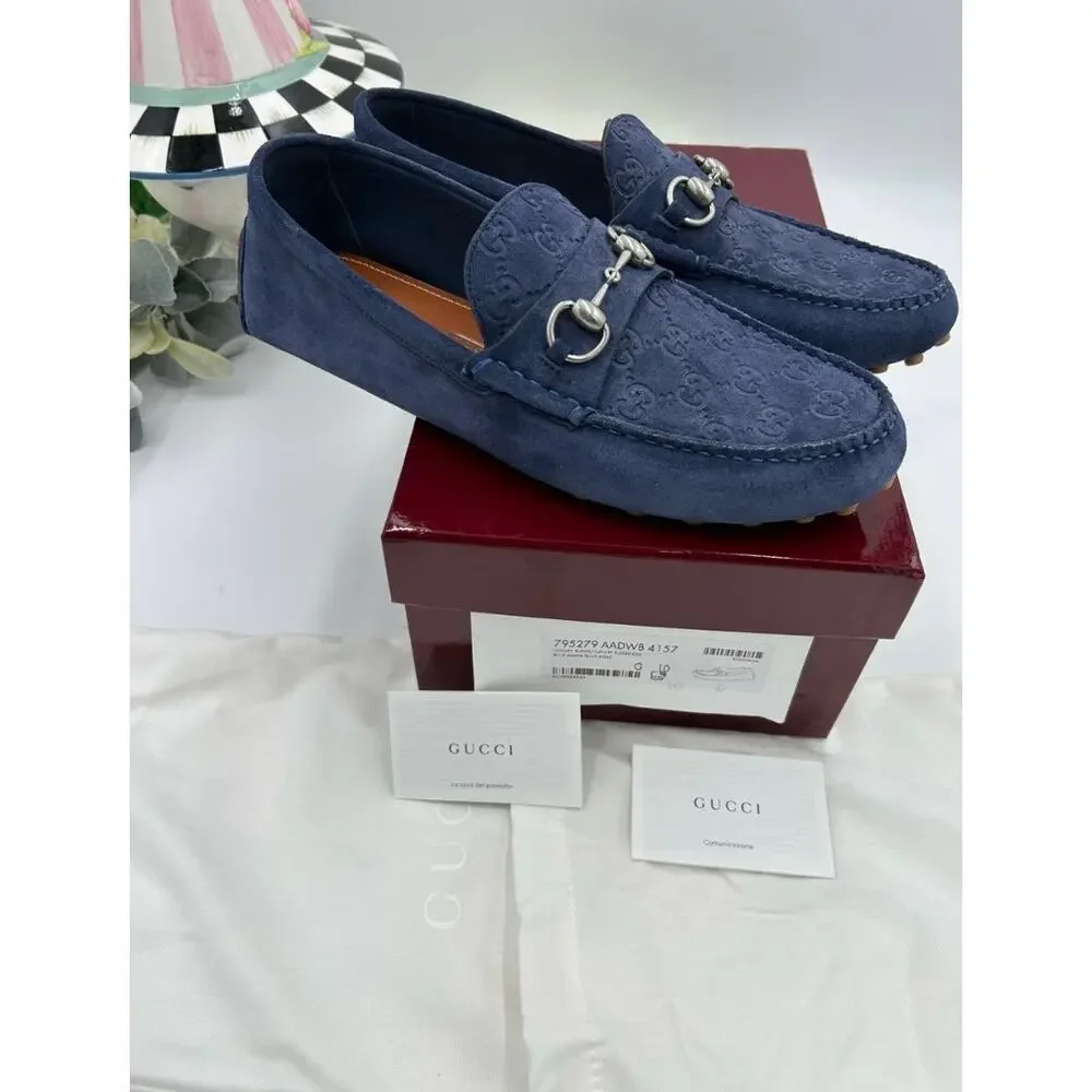 Men's Gucci GG embossed suede driver loafers size 10 fits 10.5 US made in Italy